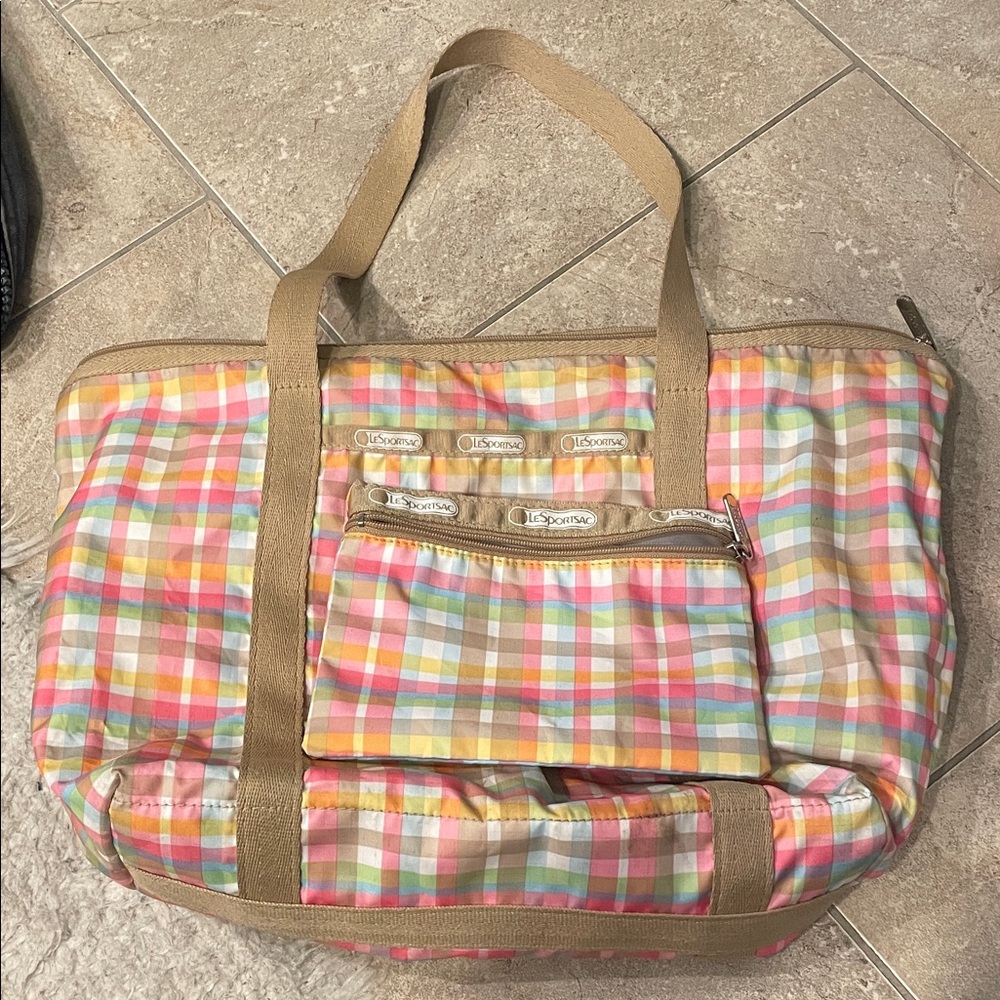 Lesportsac Pastel Multicolor Plaid Tote with Beige Trim plaid
